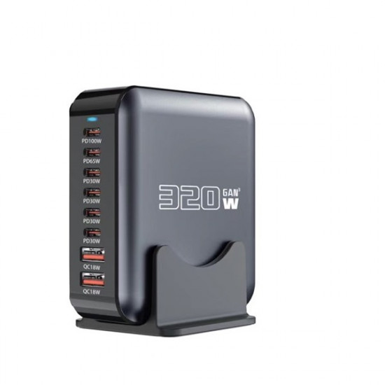 BLACKBIRD Hálózati Töltő GAN 350W 1xUSB-C PD100W + 1xUSB-C PD65W + 2xUSB-C PD45W + 2xUSB-C PD30W + 2xUSB QC18W, Fekete