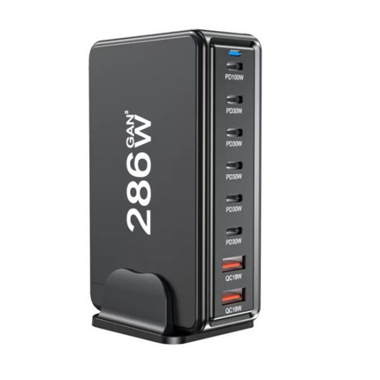 BLACKBIRD Hálózati Töltő GAN 286W 1xUSB-C PD100W + 4xUSB-C PD30W + 3xUSB QC18W, Fekete