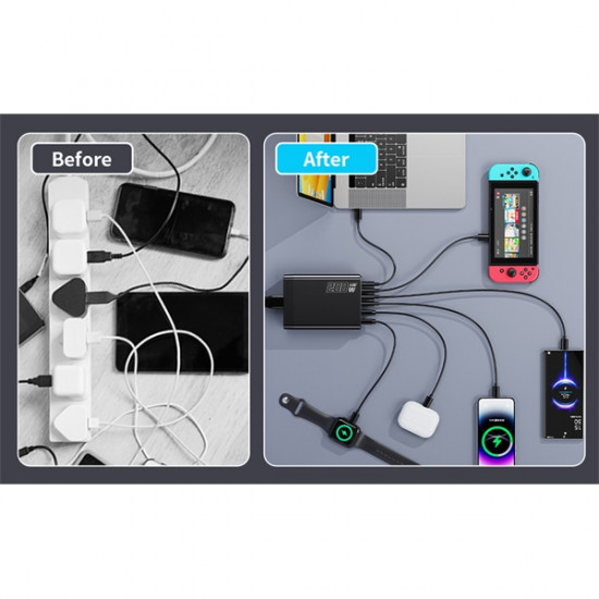 BLACKBIRD Hálózati Töltő Hordozható GAN 200W 4xUSB-C PD + 4xUSB QC, Fekete