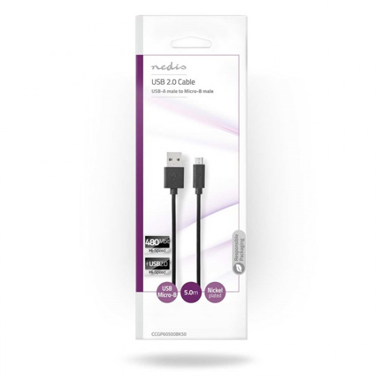 Nedis CCGP60500BK50 USB-A dugó - USB Micro-B (micro b) dugó, 9 W, 480 Mbps, 5m