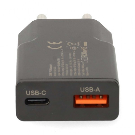 Nedis WCHA30BK gyorstöltő USB-A / USB-C töltő, PD3.0, 30W