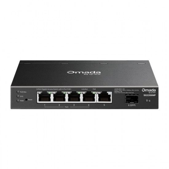 TP-LINK Switch 5x1000Mbps(4xPOE+) + 1xGigabit SFP, Menedzselhető, SG2206MP