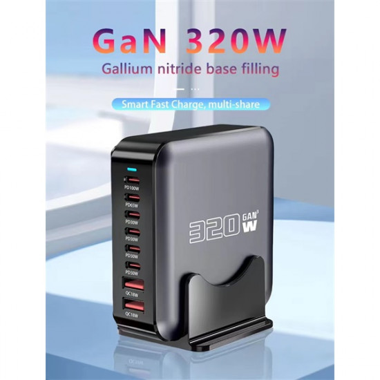 BLACKBIRD Hálózati Töltő GAN 320W 1xUSB-C PD100W + 1xUSB-C PD65W + 4xUSB-C PD30W + 2xUSB QC18W, Fekete