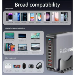 BLACKBIRD Hálózati Töltő GAN 320W 1xUSB-C PD100W + 1xUSB-C PD65W + 4xUSB-C PD30W + 2xUSB QC18W, Fekete