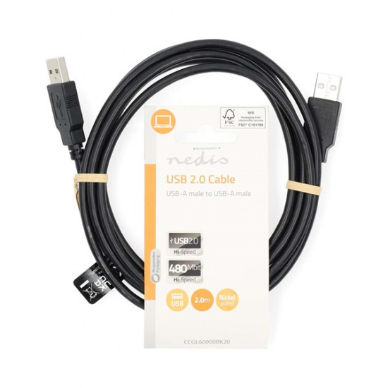 Nedis CCGL60000BK20 USB A apa - USB-A apa kábel, USB2.0, hossz: 2m