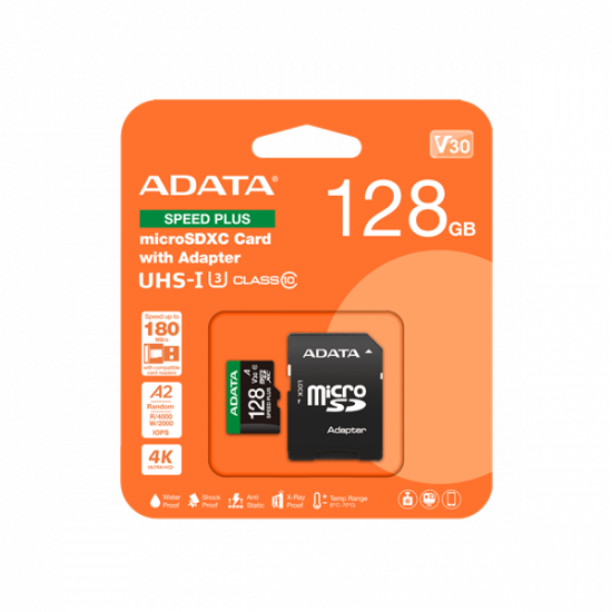 ADATA Memóriakártya MicroSDXC 128GB + Adapter SPEED PLUS UHS-I U3 (180/160)