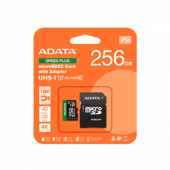 ADATA Memóriakártya MicroSDXC 256GB + Adapter SPEED PLUS UHS-I U3 (180/160)