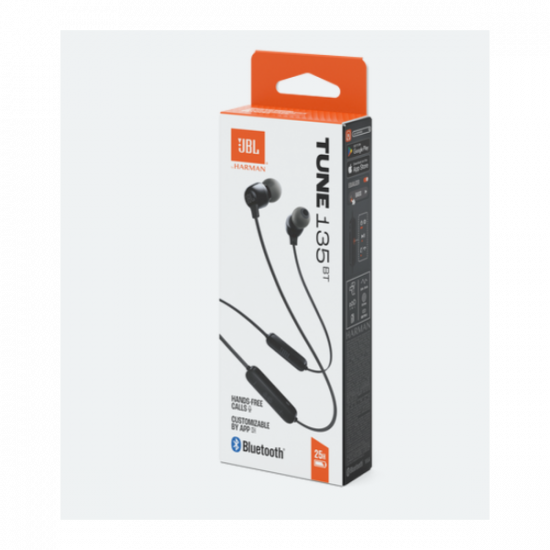 JBL T135BT BLK, vezeték nélküli fülhallgató, fekete, Bluetooth, 25 óra üzrmidő, JBL Pure Bass, kihangosítás