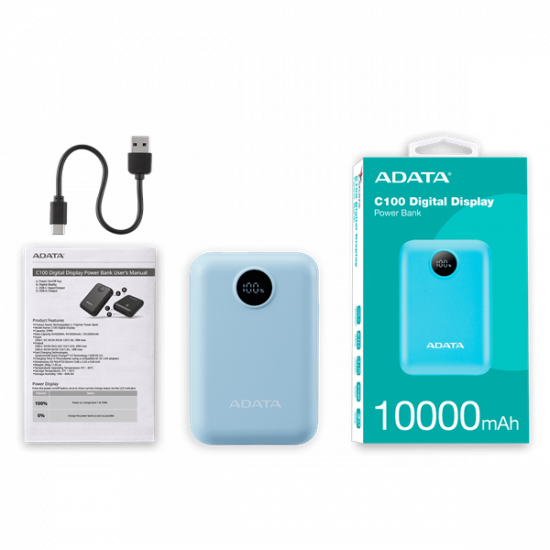 ADATA Power Bank 10000mAh C100 Kék, Digitális kijelző