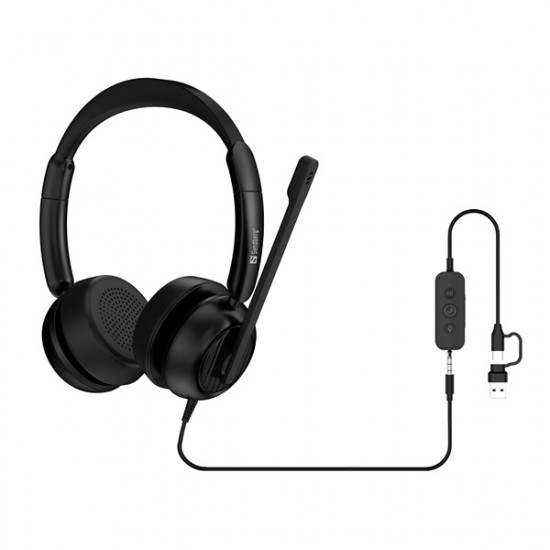 SANDBERG 3 in 1 Headset mikrofonnal, 3,5 mm minijack, USB-A és USB-C csatlakozó, hang szabályozás és némítás