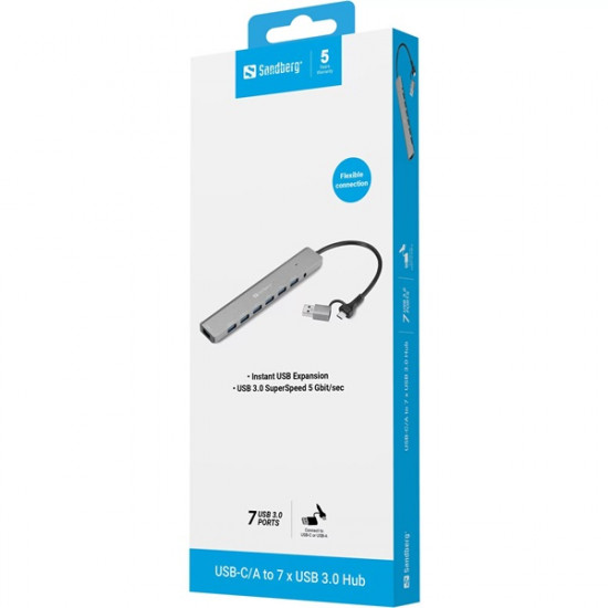 SANDBERG USB-C/A to 7 x USB 3.0 HUB, akár 7 USB-A eszköz csatlakozási lehetőség, USB 3.0 SuperSpeed 5 Gbit/sec