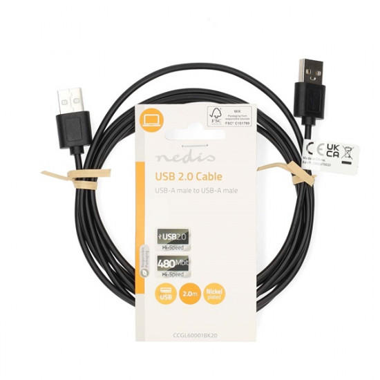 Nedis CCGL60001BK20 USB A apa - USB-A apa kábel, USB2.0, hossz: 2m