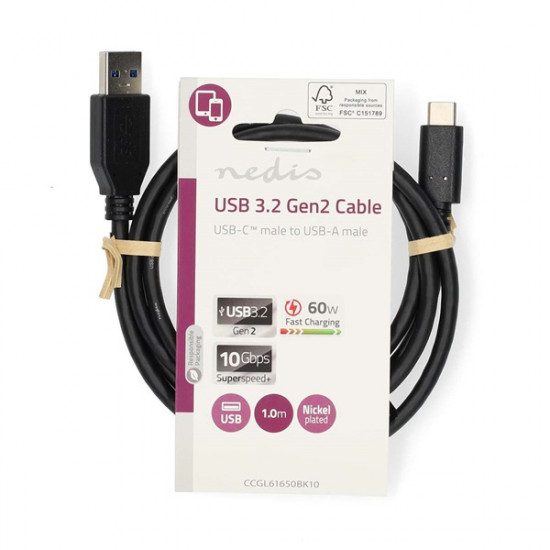 Nedis CCGL61650BK10 USB 3.2 Gen 1, USB-A dugó - USB-C (USB C) dugó kábel, 60W, 10 Gbps, 1m