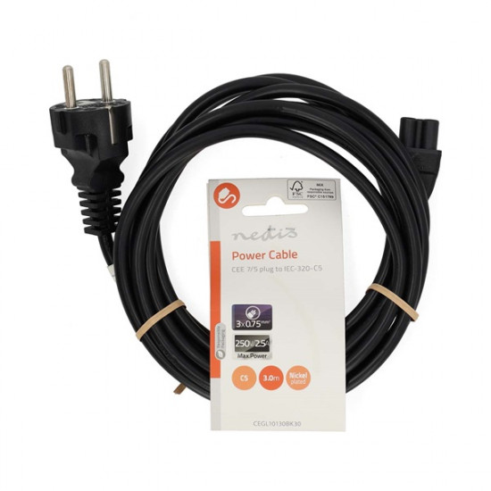 Nedis CEGL10130BK30 notebook / laptop tápkábel IEC-320-C5, 3 x 0.75 mm, hossz 3m