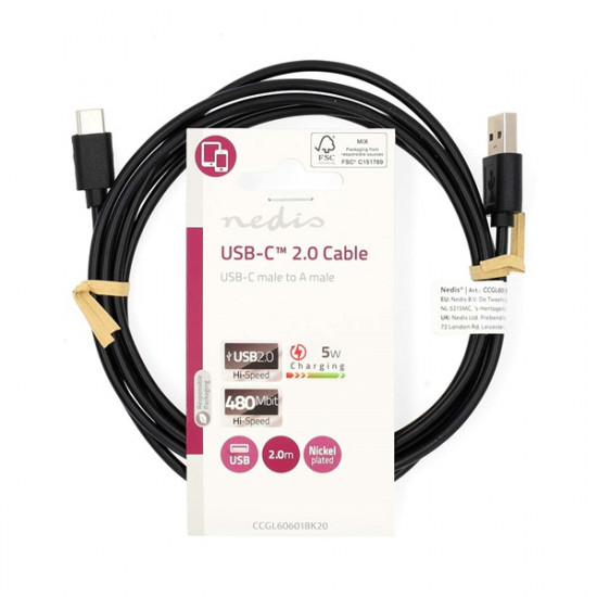 Nedis CCGL60601BK20 USB A - USB C (USB-C) kábel, 5W, hossz 2m
