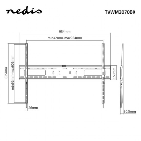 Nedis TVWM2070BK LCD TV / monitor fali tartó fix 60 - 100 "  Max. teherbírás: 75 kg,  Min. faltávolság: 30,5 mm