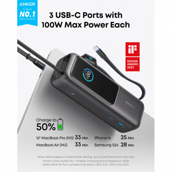 ANKER Powerbank Zolo 25000mAh, 165W, Beépített USB-C kábel behúzható, fekete - A1695H11