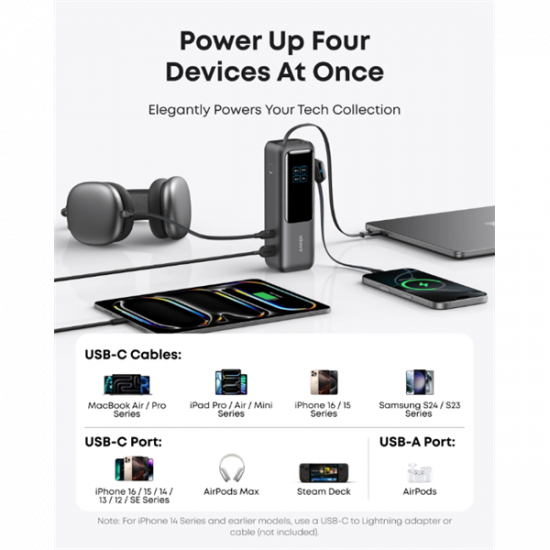 ANKER Powerbank Zolo 25000mAh, 165W, Beépített USB-C kábel behúzható, fekete - A1695H11