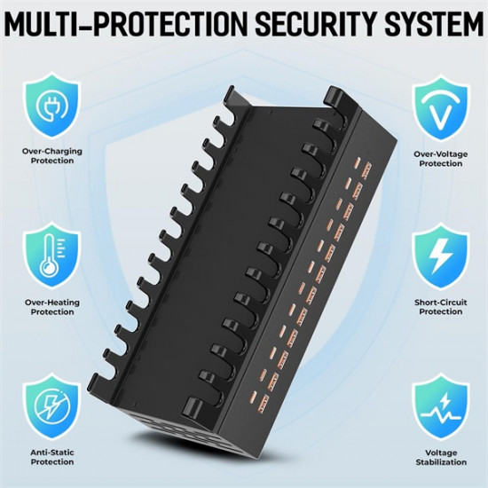 BLACKBIRD Hálózati Töltő 12xUSB-C + 12xUSB 300W eszköztartóval, Fekete