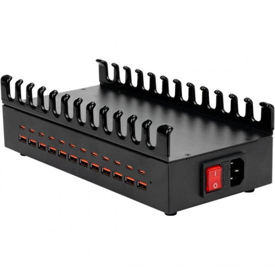 BLACKBIRD Hálózati Töltő 12xUSB-C + 12xUSB 300W eszköztartóval, Fekete