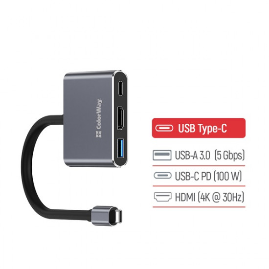 COLORWAY USB hub (dokkolóállomás) ColorWay USB-C 3 az 1-ben Type C PD 100W/USB3.0/HDMI 4K (CW-HUB08)