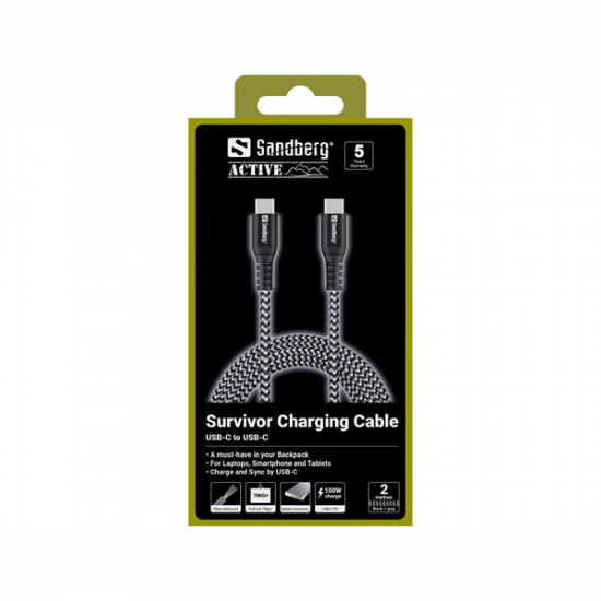 Sandberg Survivor Cable 2m töltőkábel, 100W,