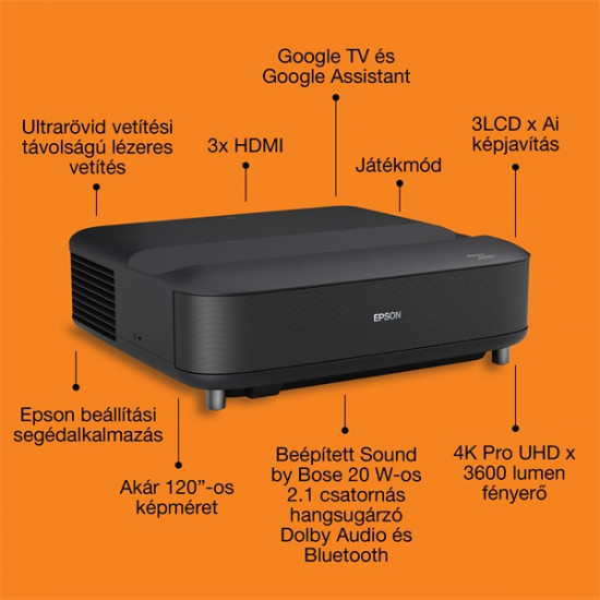 EPSON Projektor - Lifestudio Grand – EH-LS670B Metálfekete (3LCD, 4K Pro, 16:9, 3600 AL, 5 000 000:1, HDMI/USB/WiFi)