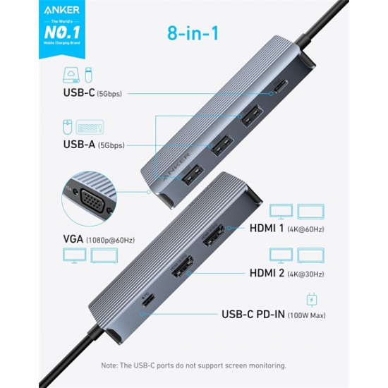 ANKER USB HUB, 8-in-1, USB-C Hub, 2x4K HDMI, 1xVGA, 3xUSB-A, USB-C 5Gbps, szürke - A83790A1