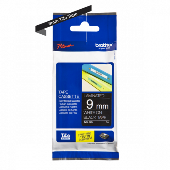 BROTHER szalag TZe-325, Fekete alapon Fehér, Laminált, 9mm  0.35", 8 méter